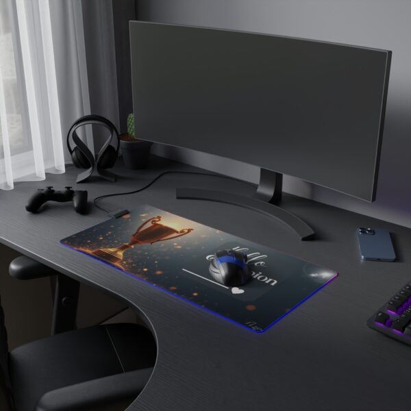 LED Gaming Mouse Pad — "Hello Champion" RGB Desk Mat with Trophy Design
