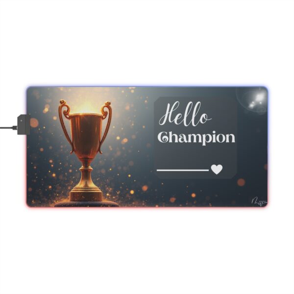 LED Gaming Mouse Pad — "Hello Champion" RGB Desk Mat with Trophy Design