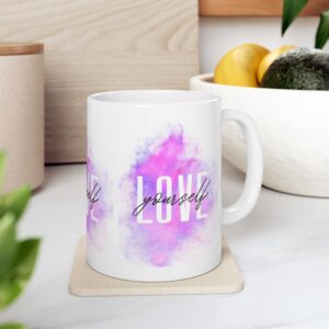 Love Yourself Ceramic Mug — Inspirational Pink Watercolor Coffee Cup (11oz/15oz)