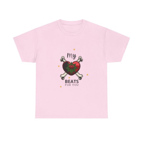 T-Shirt — “My Heart Beats for You” Romantic Skull; Rose Graphic Tee