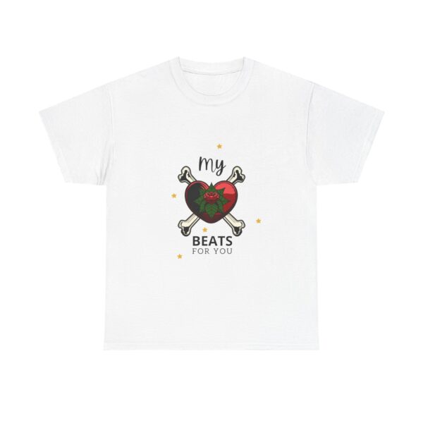 T-Shirt — “My Heart Beats for You” Romantic Skull; Rose Graphic Tee