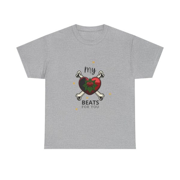 T-Shirt — “My Heart Beats for You” Romantic Skull; Rose Graphic Tee