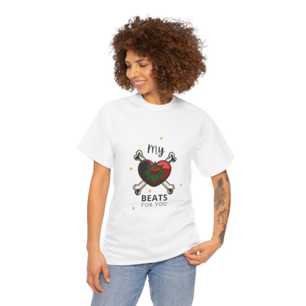 T-Shirt — “My Heart Beats for You” Romantic Skull; Rose Graphic Tee