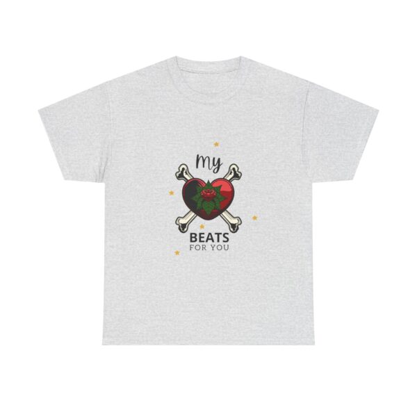 T-Shirt — “My Heart Beats for You” Romantic Skull; Rose Graphic Tee