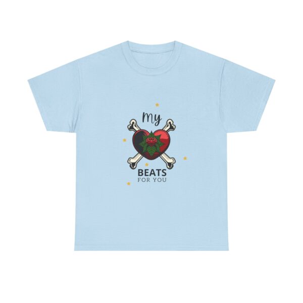 T-Shirt — “My Heart Beats for You” Romantic Skull; Rose Graphic Tee
