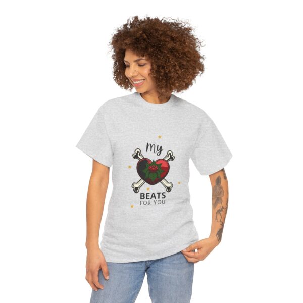 T-Shirt — “My Heart Beats for You” Romantic Skull; Rose Graphic Tee