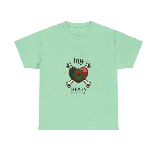 T-Shirt — “My Heart Beats for You” Romantic Skull; Rose Graphic Tee