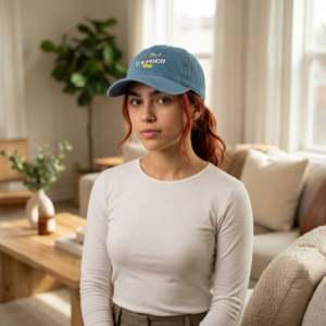 20260520215406-1f154966-c95a-69f8-aaa0-ea0637d330b4.png Denim Baseball Cap — Embroidered "Un Poco" Sunset Design
