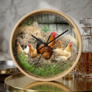 20260520223441-1f1549c1-79ea-65fc-a932-6e02f5c3f68a.png Rooster & Hens Farmhouse Wall Clock — Rustic Chicken Coop Kitchen Decor