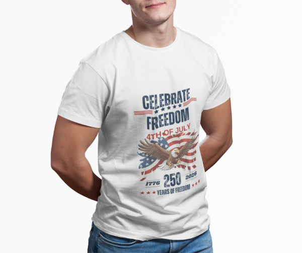 20260212210800-1f10856e-9c4e-677c-a0f7-4e68b5f1fc1a-1.png Celebrate Freedom 4th of July T-Shirt — 250 Years Patriotic Eagle Tee